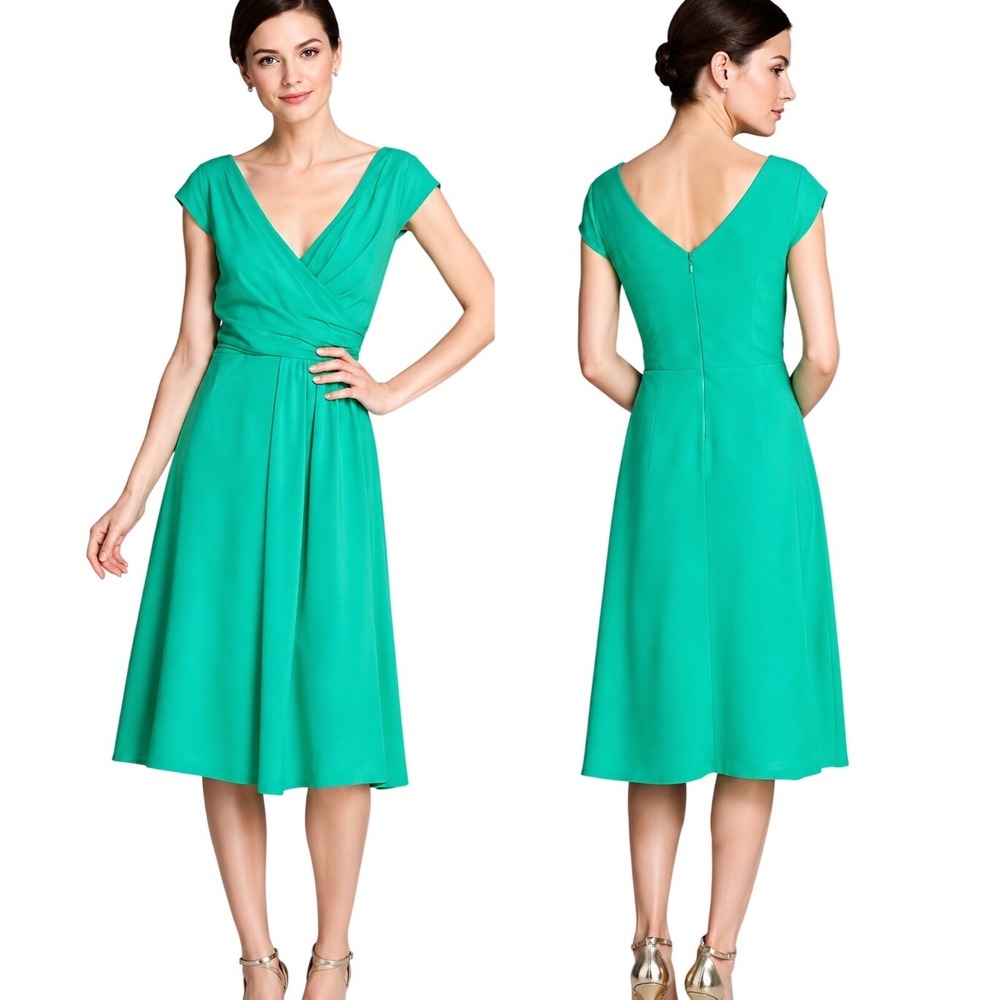 Kate Spade "Lucia" Midi Dress Sz 4 Emerald Green Crossover Bodice Cocktail Event